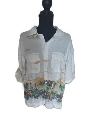 Urban Outfitters White Shirt with Green, Blue, Yellow Tropical Border Print